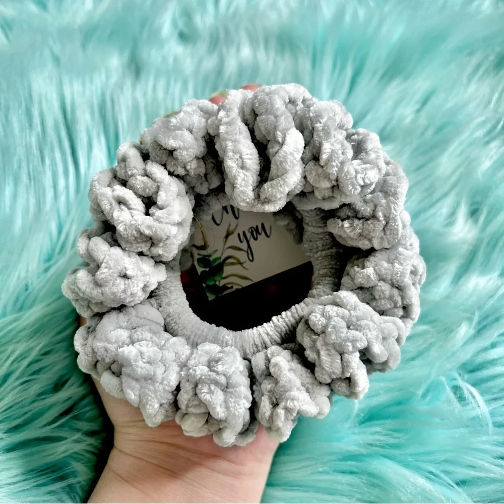 Handmade Jumbo VELVET Light Gray Chunky Crochet Hair Scrunchie PinkRainCloud
